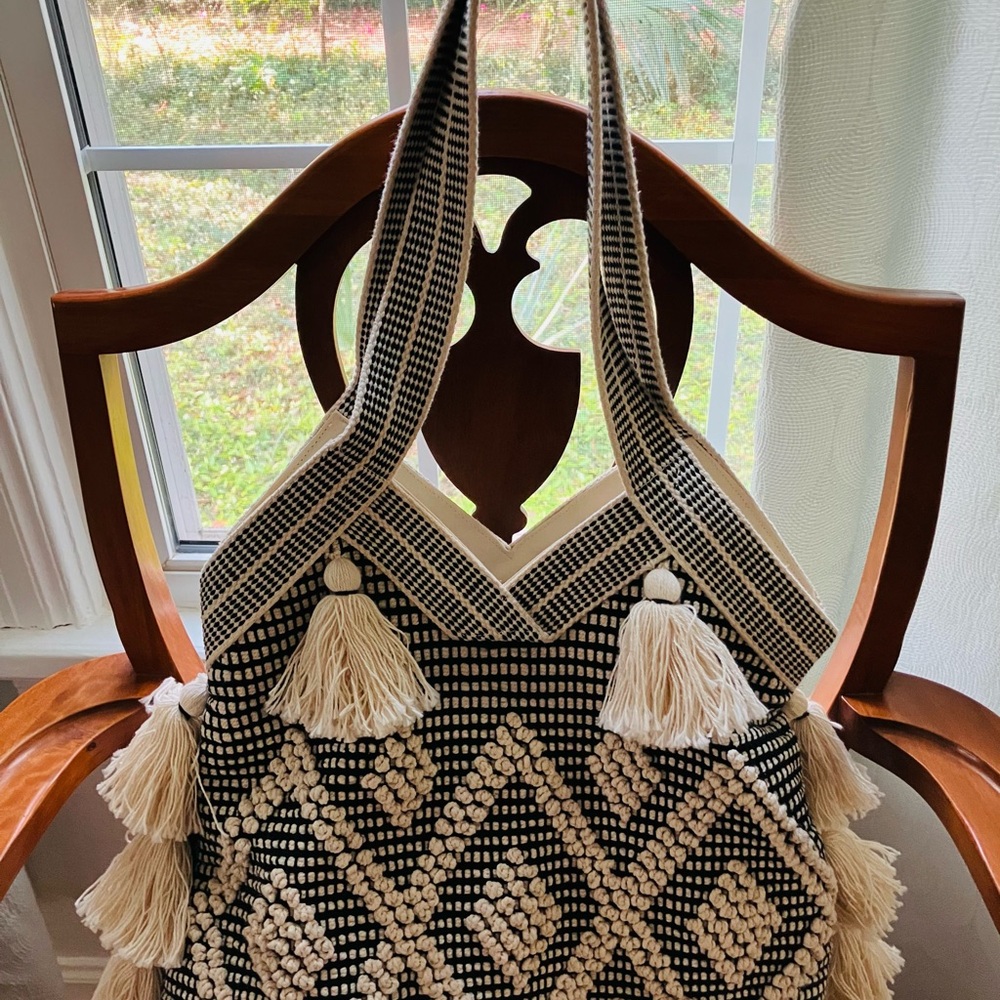 Bohemian Black and Cream Geometric Tote with Tassels